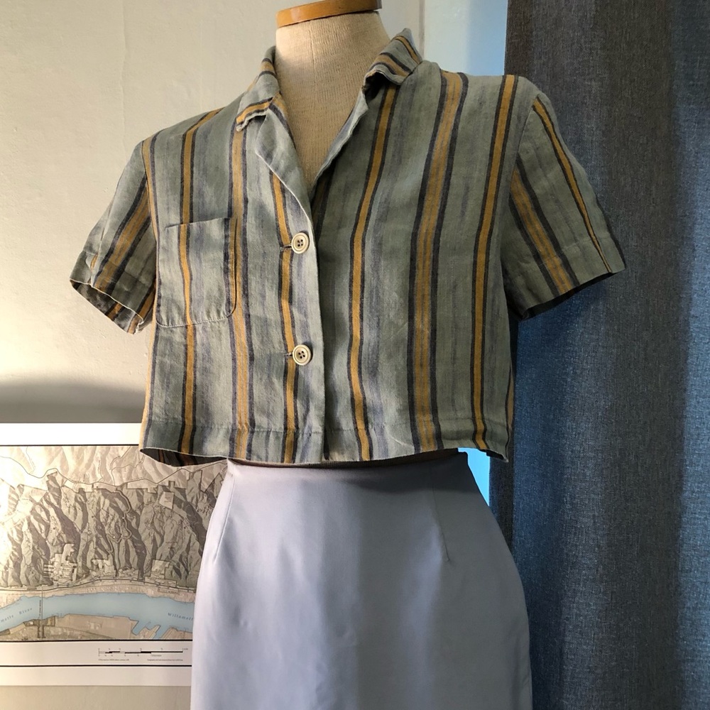 Caractere Striped Linen Button Up Cropped Made in Italy Blue Orange Small